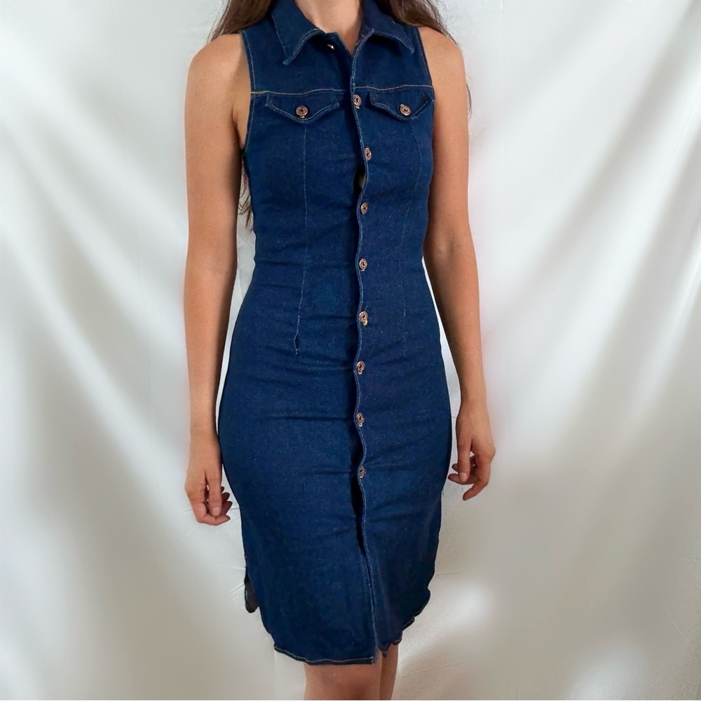 Vintage 90s denim button up mini dress collared sleeveless size small blue jean